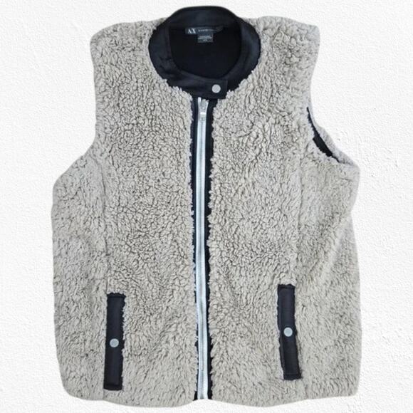 Armani Exchange Tan Black Sherpa Faux Fur Reversible Full Zip Vest Size Medium - Picture 1 of 9